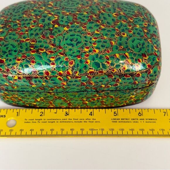 Vintage Hand-painted Paper Mache Trinket Box India Green Floral - Picture 7 of 10